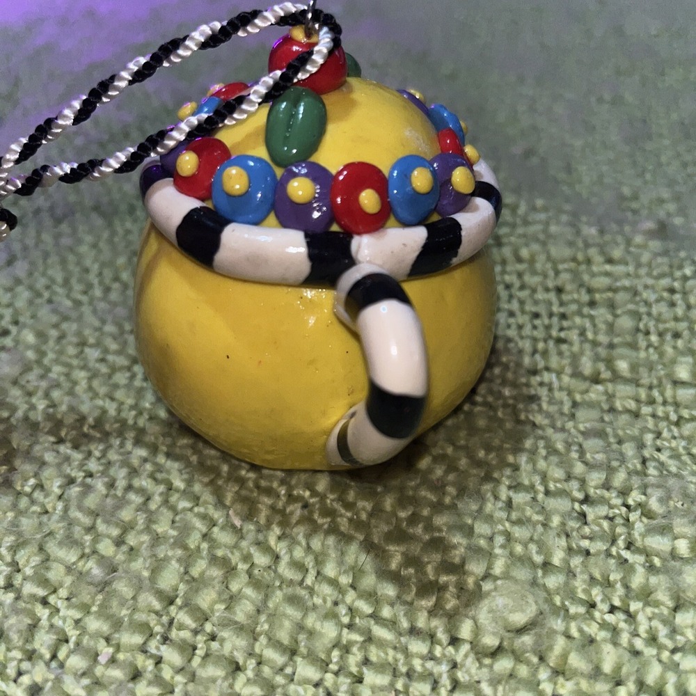 Mary Engelbreit Teapot Ornament Yellow & Multicolor Stamped ME 3" Ribbon Hanger - Picture 4 of 6
